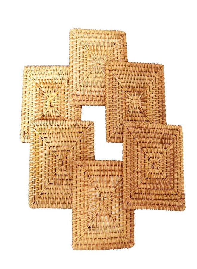 i-lan 6 Pack Woven Coasters Set for Drink, 4 Inch Square Rattan Cup Holder, Handmade Wicker Single Coasters, Decorative Coasters for Coffee Table, Drink Cups, Countertops, Wall Décor, Brown - Image 1